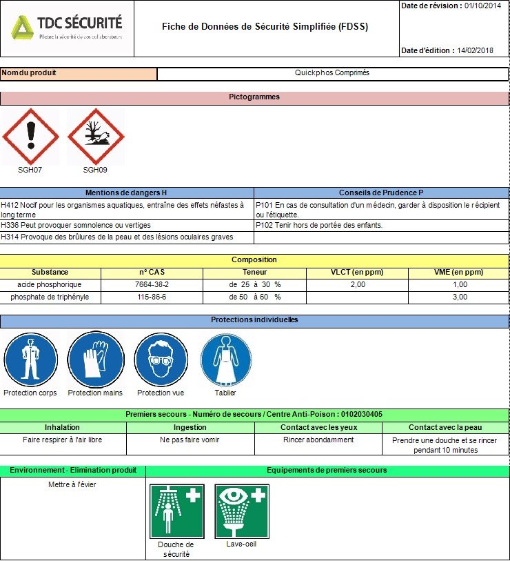 FDSS Fiche de Données Sécurité Simplifiée gérée par TDC Sécurité